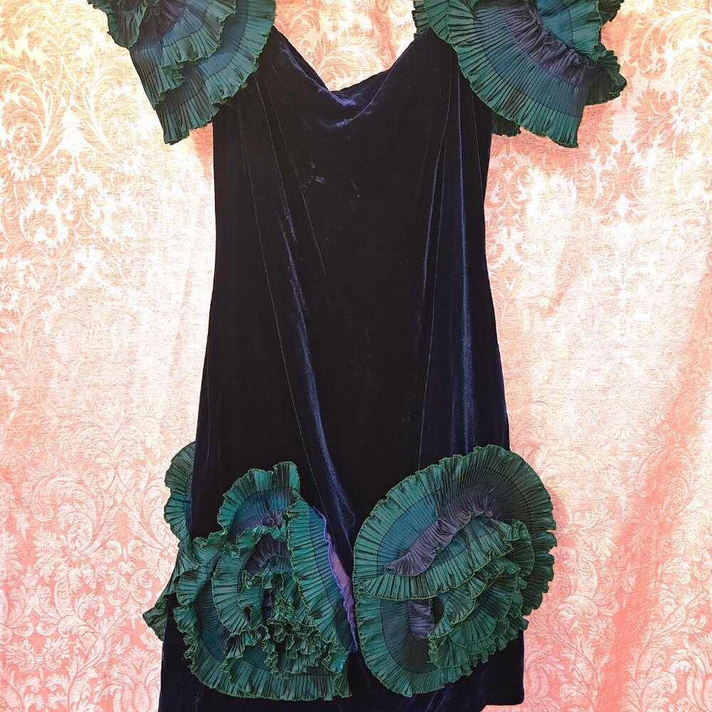 Zandra Rhodes 1980s vntg fabulously frilled silk velvet acetate frock free ship